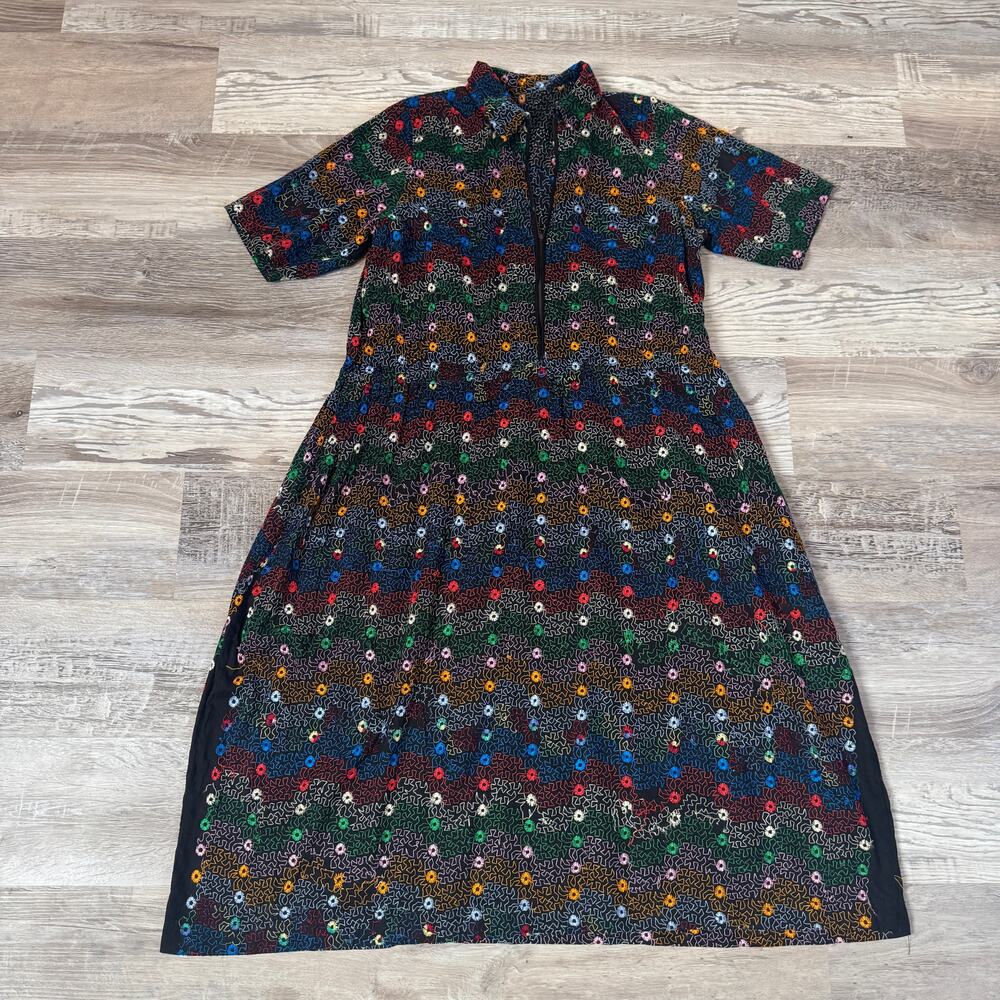 Vintage 70s Handmade Black Floral Embroidered Midi Dress Folk Art Boho Prairie M